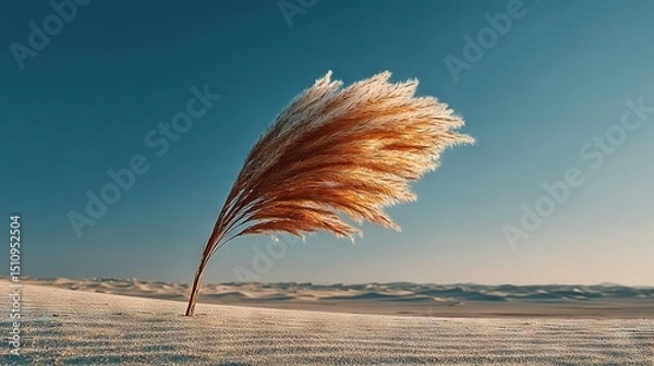 Fototapeta   A plant atop a sand dune billows in the wind under a clear blue sky on a sunny day