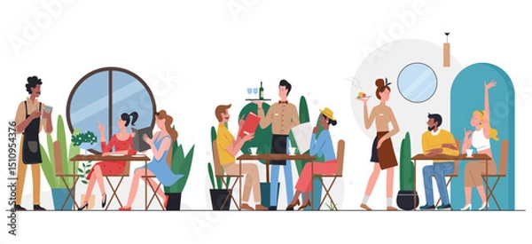 Obraz People in cafe flat vector illustration. Cartoon friend or couple characters sitting at tables, dining and talking, ordering dinner food from waiter in restaurant cafeteria interior isolated on white