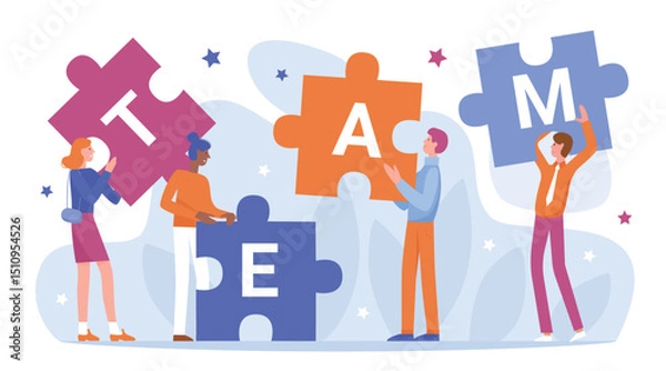 Obraz Teamwork of business people connect puzzles vector illustration. Cartoon flat businessman characters holding and connecting puzzle pieces, standing next to team word, partnership isolated on white