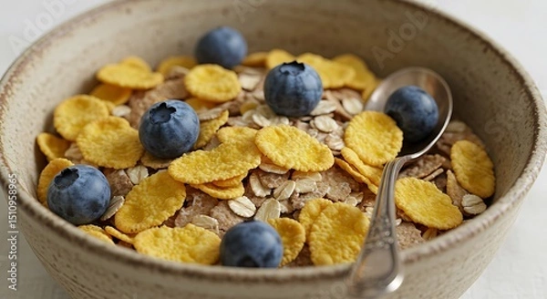 Obraz Rustic Morning Nourishment: A close-up highlights a charming, rustic ceramic bowl brimming with a wholesome mix of golden cornflakes and hearty oats. 