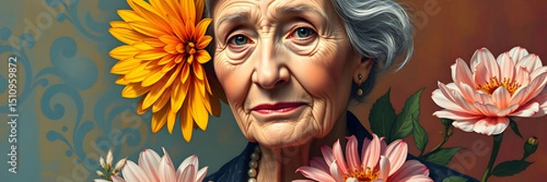 Obraz Portrait of elderly woman with dignified expression surrounded by large colorful flowers