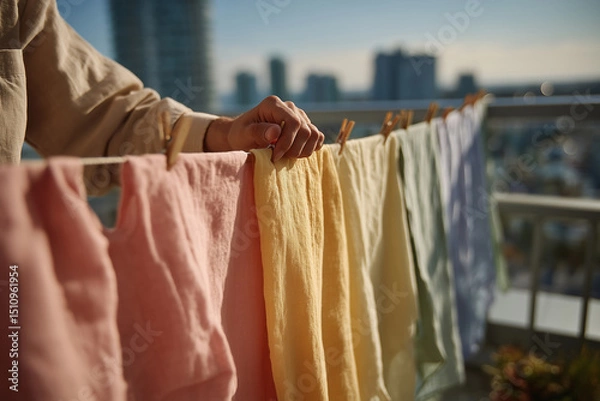 Fototapeta Hanging colorful linen on a sunny balcony in a bustling city view