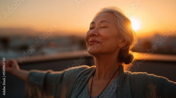 Fototapeta Elderly woman enjoying a sunset on a rooftop in a city during golden hour