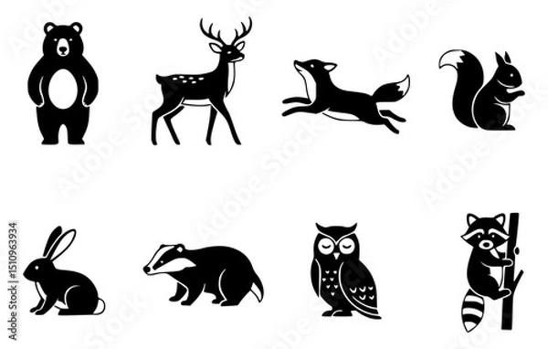 Obraz Collection of diverse forest animal icons. A simple outline with varying shapes. Each depicts a different animal