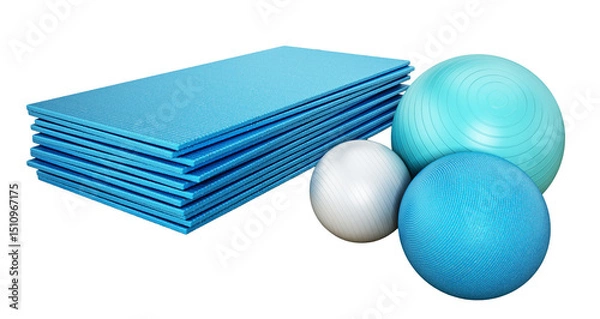 Obraz Pilates mat and exercise balls on transparent background. 3D illustration