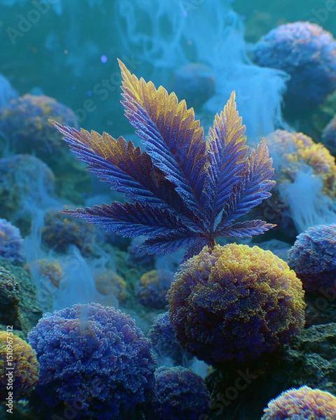 Fototapeta Illustration: gradient purple cannabis leaf and abstract aromas represented by smoke and spheres representing cannabis compounds. This is cannabis-themed art.