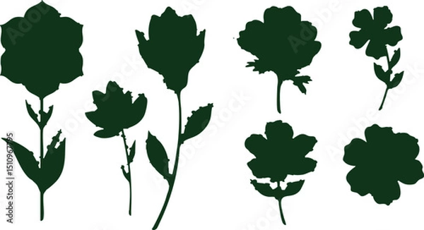 Fototapeta Silhouette of various flower shapes with stems and leaves on a white background illustration art