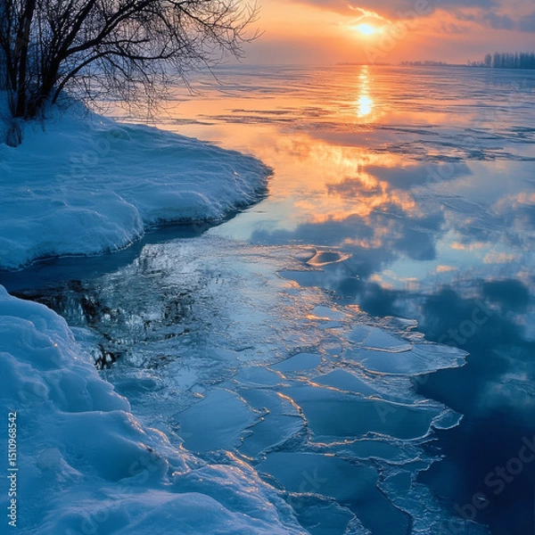 Fototapeta Snowy Riverbank at Sunset Time