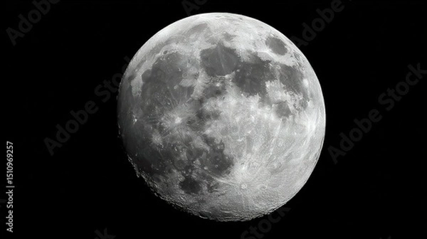 Fototapeta  A monochrome photo of the moon, captured from the ground and facing the sky, with the moon lit up