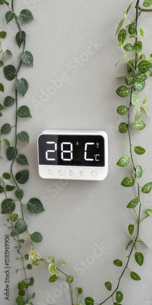 Fototapeta Digital thermostat temperature control smart home automation device with plants indoor home decor