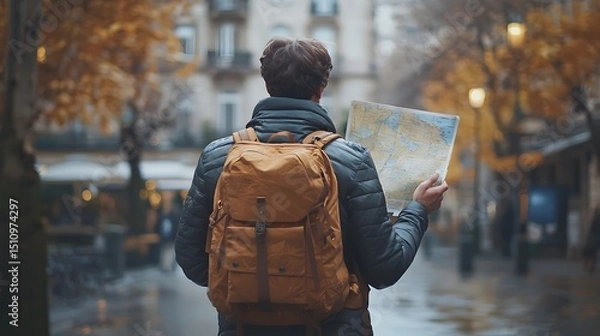 Fototapeta Man with backpack searching directions on a map in the city