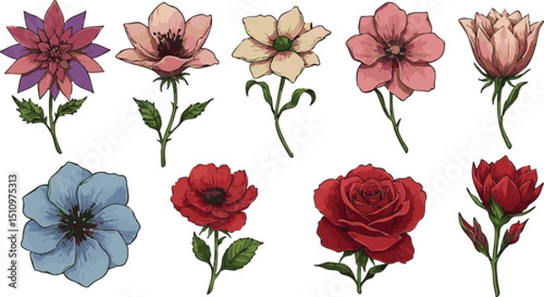 Fototapeta A collection of eight colorful flower illustrations with varying shapes and petal arrangements on white
