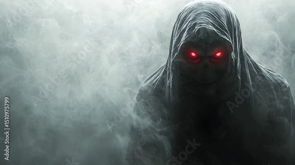 Fototapeta Mysterious hooded figure with glowing red eyes emerges from the mist