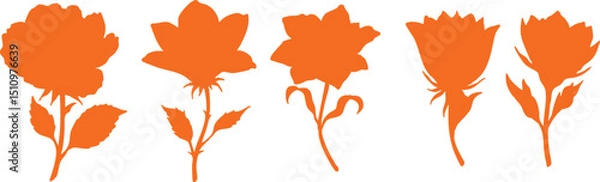 Fototapeta A collection of orange flower silhouettes with stems and leaves on a white background in a row format