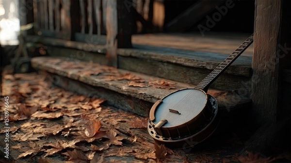 Fototapeta Rustic banjo placed on wooden porch surrounded by autumn leaves  