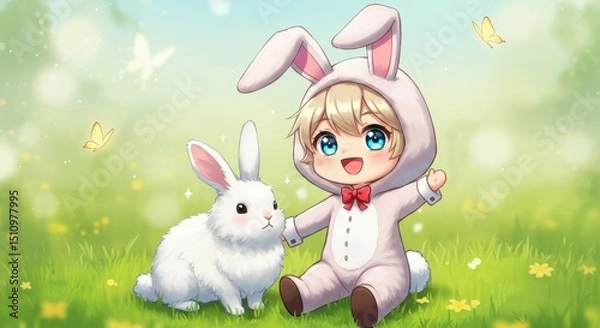 Obraz A happy child in a bunny outfit plays with a fluffy rabbit in a bright meadow