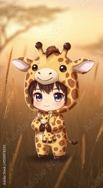 Obraz A child in a giraffe costume holds a mini giraffe toy amidst tall grass during sunset