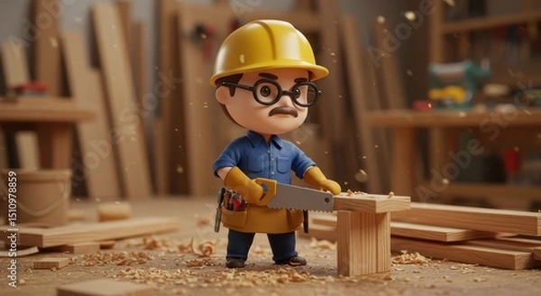 Obraz A cartoon woodworker character cuts wood in a spacious workshop filled with tools and shavings