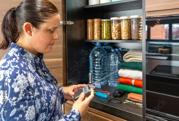 Fototapeta Woman checking battery powered radio near emergency kit including food, water, clothes and supplies in pantry closet at home. Female preparing 72 hour survival kit for natural disaster or power outage