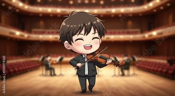 Obraz A cheerful young violinist plays music on stage while other musicians accompany in the background