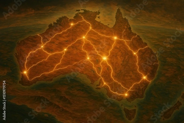 Fototapeta Ancient Songlines Australian Aboriginal Walking Routes Connecting Sacred Sites Across the Vast Landscape A Cultural Heritage Map of Indigenous Australia