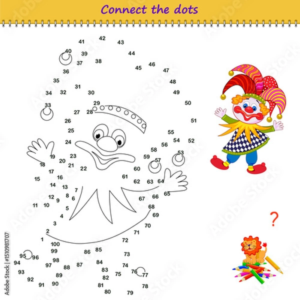 Fototapeta Connect the dots from 1 to 100 and draw the cute clown puppet. Trace the line between numbers. Coloring book. Develop counting skills. Logic puzzle game for children. Educational page. Vector image.