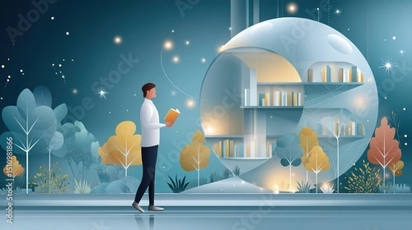 Fototapeta youth reads book in bubble-library in surreal landscape, concept of knowledge
