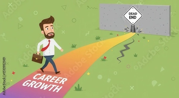 Obraz A man walks confidently with a briefcase towards a colorful pathway, encountering a dead end sign