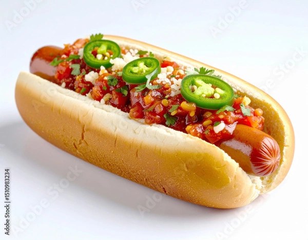 Fototapeta Hotdog topped with red Mexican salsa and chili pepper. AI