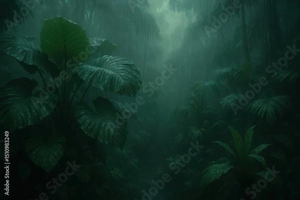 Fototapeta Mysterious Rainforest Downpour A Lush Dark Tropical Forest Scene During a Heavy Rain Shower with Large Exotic Plants Shrouded in Mist and Green Hues AI Generated