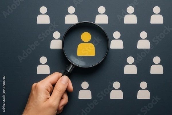 Fototapeta Targeting Ideal Candidates A Hand Holding a Magnifying Glass Focusing on a Yellow People Icon Among White Ones Symbolizing Customer Focus Group Recruitment and Market Research AI