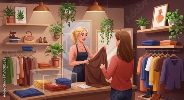 Obraz A friendly sales associate helps a shopper pick clothing in a boutique with vibrant textiles