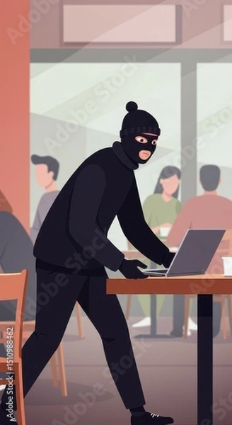 Obraz A person wearing a mask stealthily approaches a laptop in a crowded cafe setting