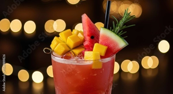 Obraz A vibrant cocktail with mango and watermelon garnishes sits on a table with blurred lights