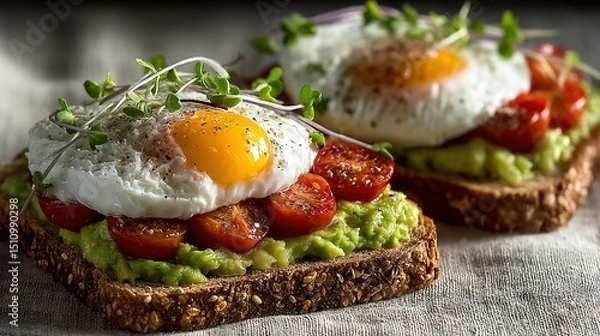 Fototapeta   Two slices of toasted bread stacked with avocado, tomato, and a fried egg on top