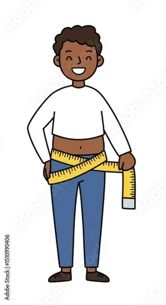 Obraz Person happily holds measuring tape around waist, promoting fitness and health awareness joyfully