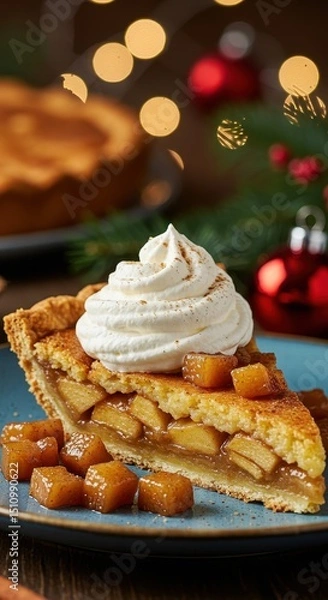 Obraz Delicious slice of apple pie served with whipped cream, decorated in a festive setting with lights
