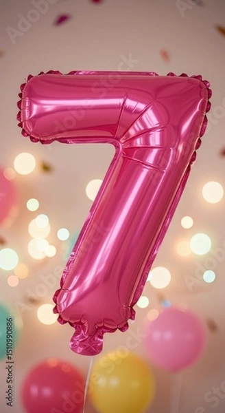 Obraz A vibrant pink seven balloon decorates a festive setting filled with soft lights and balloons