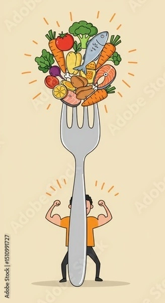 Obraz A person lifts a large fork filled with vibrant fruits and vegetables, promoting healthy eating