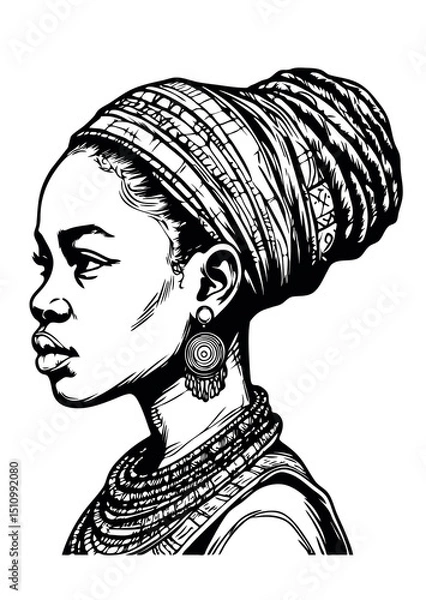 Fototapeta African Black Woman Coloring Page.Coloring Pages For Adults.Afro girl silhouette vector profile contour drawing.Beautiful female illustration.Print.Stencil cricut plotter laser cut.Poster.Wall Sticker