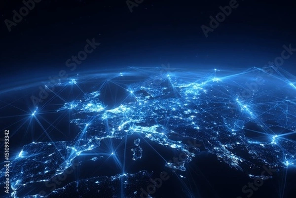 Fototapeta Europe's telecommunication network connects France, Germany, the UK, Italy, and other regions, focusing on internet and global communication technology for various applications, including finance,