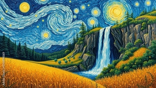 Fototapeta Starry Night Waterfall A Whimsical Impressionist Landscape Painting of a Cascading Waterfall Under a Vibrant Starry Sky