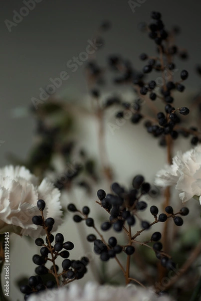 Obraz Close-up of black berries and soft pastel flowers with creamy white petals. Elegant autumn composition perfect for wedding design, greeting cards, branding, and floral backgrounds.