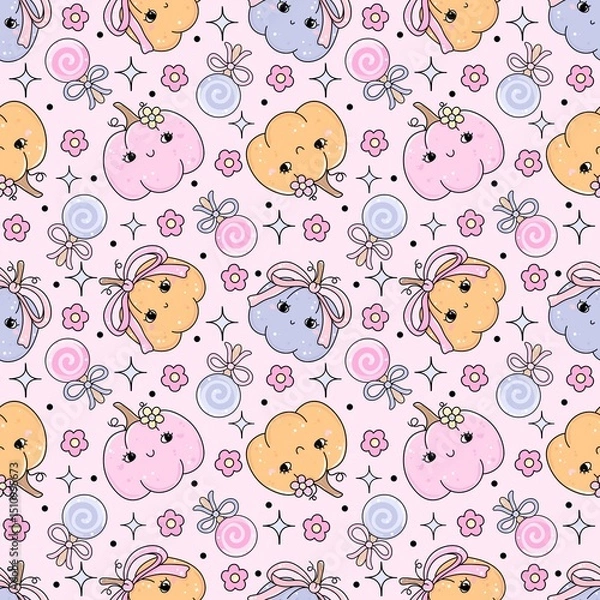 Obraz Kawaii Pumpkin Bow Candy Pattern. Whimsical Pumpkin Candy Bow Design. Halloween fabric design.