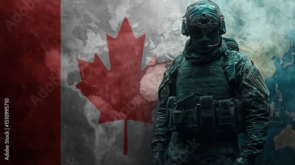 Fototapeta soldier in tactical gear standing in front of the Canadian flag. The scene is dramatic with world map background.