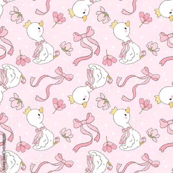 Obraz Princess Duck Seamless Pattern. Kawaii Swan with Crown and Flowers.Silly goose pattern