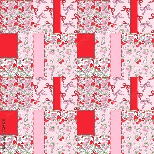 Obraz Cherry Bow Patchwork Pattern.
Cute Cherry Daisy Bow Design.Whimsical Cherry Bow Floral Art.Adorable Cherry Patchwork Bow Print"