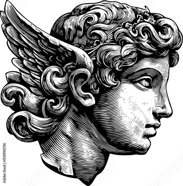 Fototapeta A black and white illustration of a classical male bust in profile, possibly depicting a Greek or Roman deity like Hermes, with winged details behind the ear and curly hair