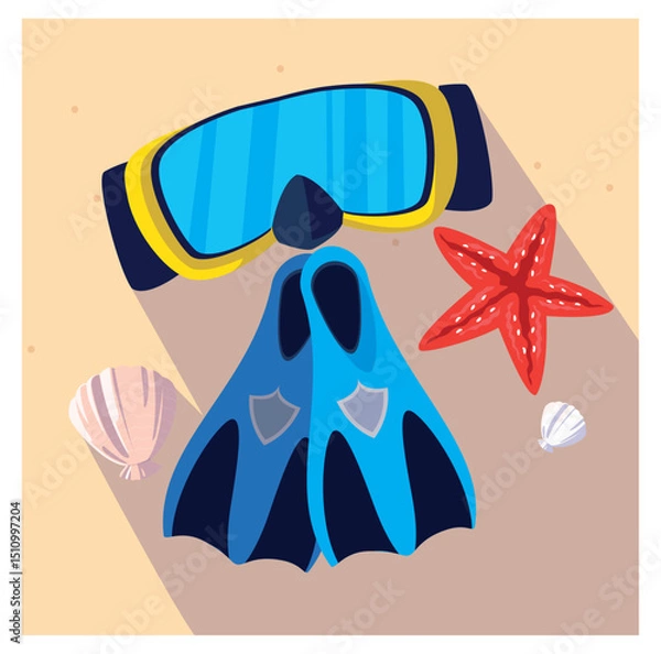 Obraz Vector Illustration: Diving Gear and Beach Treasures