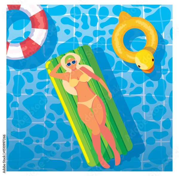 Obraz Vector Illustration: Woman Relaxing on Inflatable Mattress in Pool with Floaties